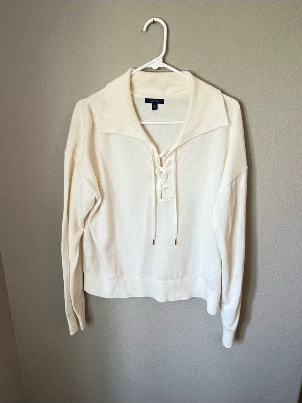 Nautica Lace-Up Sweater M Ivory Cream Coastal Preppy Cotton Sailor Quiet Luxury